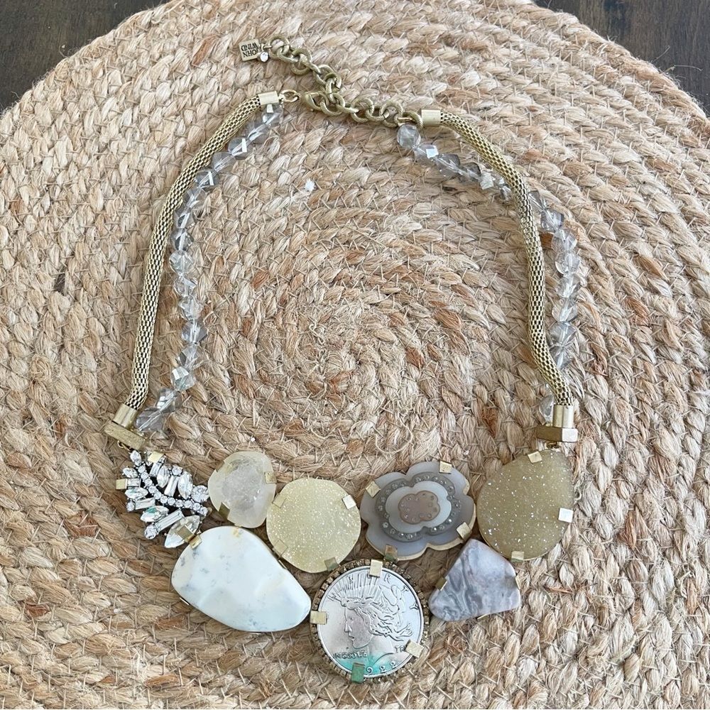 John Wind Neutral Chunky Statement Necklace‎ Druzy Stone Coin Chain